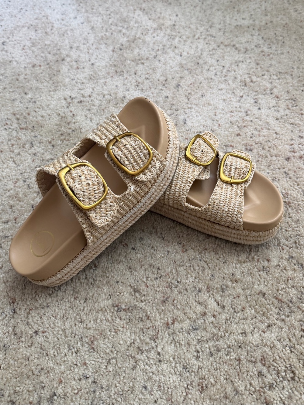 Raffia Slide Platform Sandals with Gold Buckles